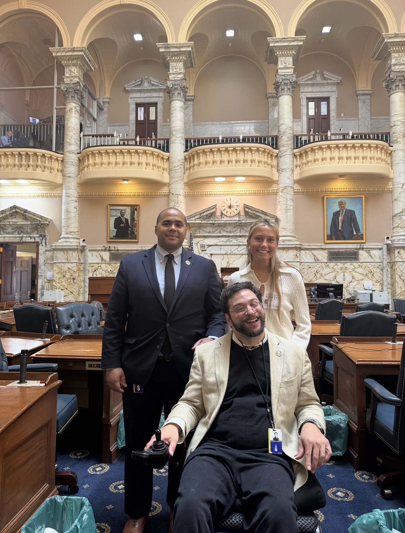 Cally with Maryland Delegate Aaron Kaufman and Legislative Aide Jason Nunez in the Maryland House of Delegates chamber